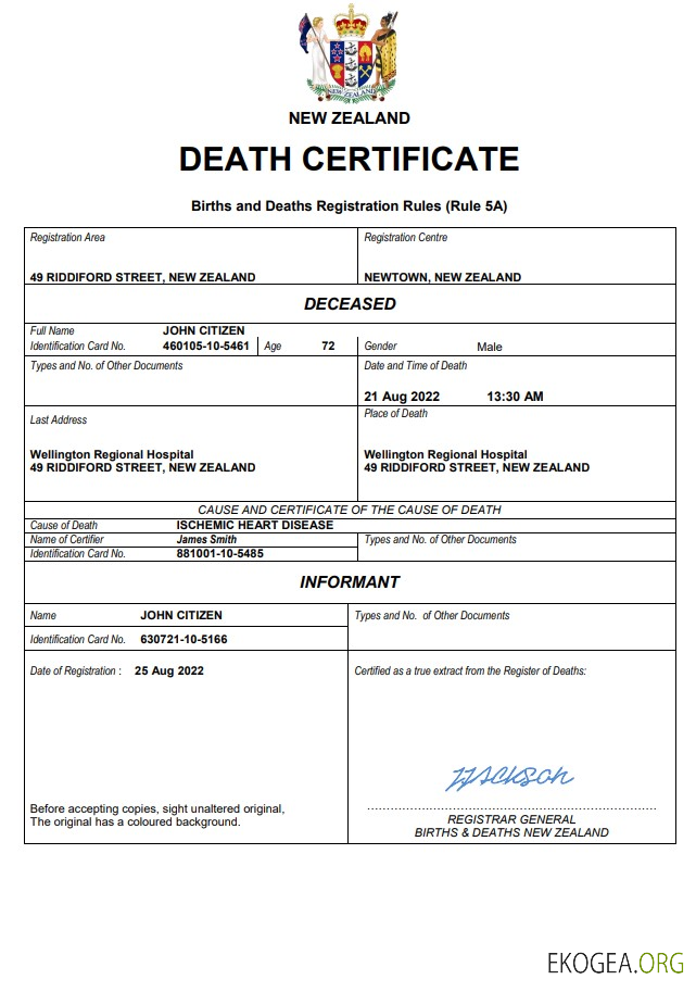 Modèle Word et PDF de certificat de décès en Nouvelle Zélande